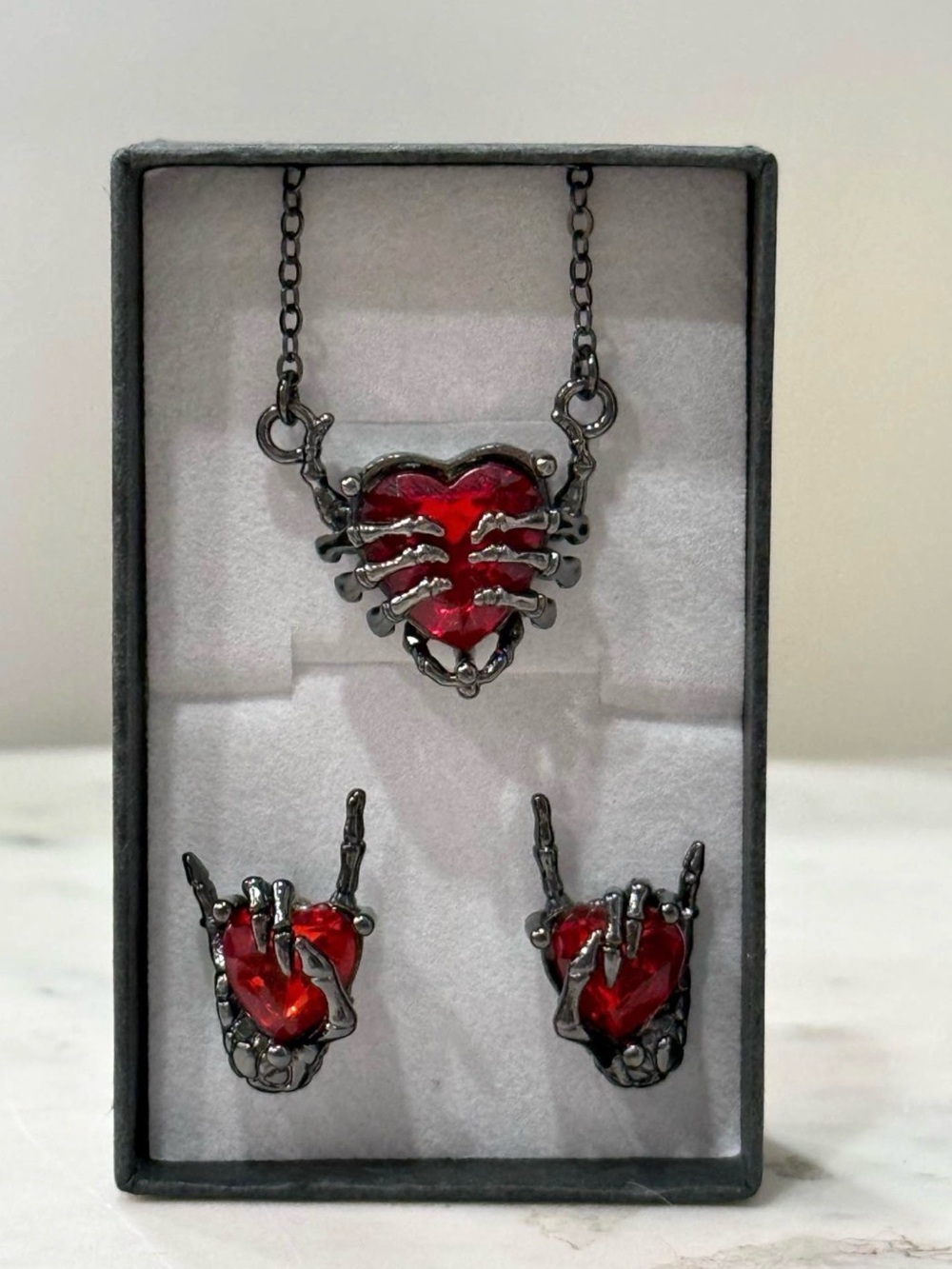Red Heart Skeleton Necklace and Earrings Set